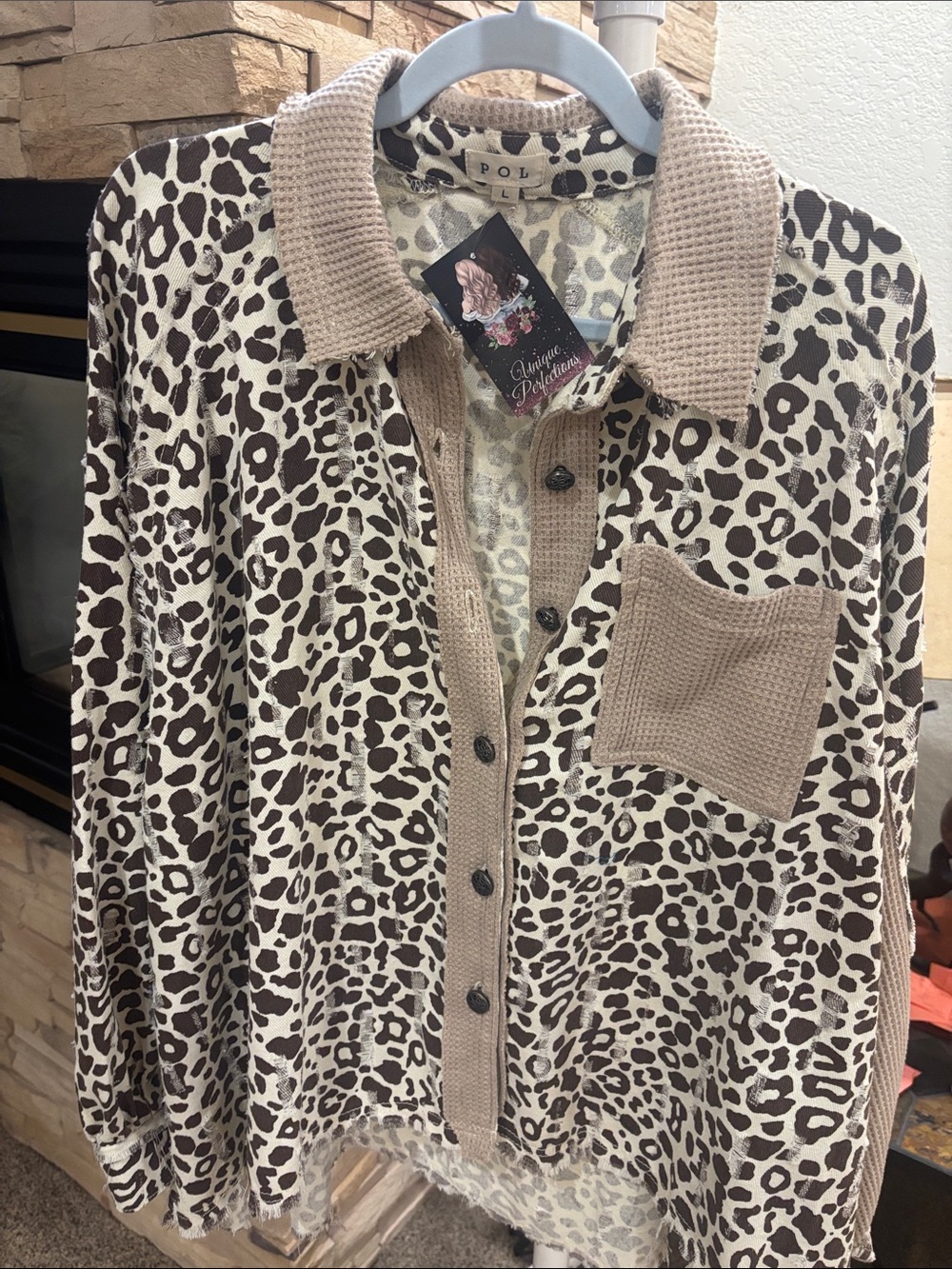 NEW POL Leopard Print Button-Up Jacket with Taupe Trim